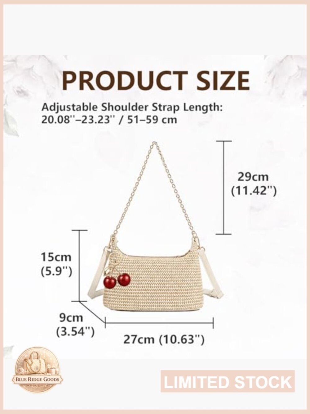 Woven Straw Shoulder Bag with Cherry Pendant Summer Beach Hobo Crossbody Purse - Picture 5 of 6